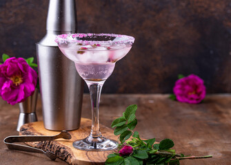 Pink cocktail Margarita with rose syrup