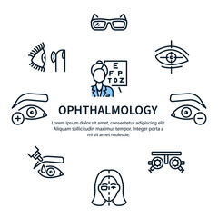Ophthalmology clinic circle banner with flat line icon. Vector illustration vision treatment.