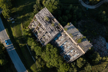 Aerial view of Mezvalde village in sunny summer evening, Latvia.