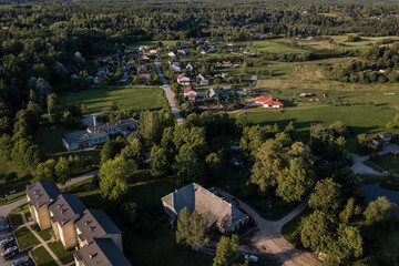 Aerial view of Mezvalde village in sunny summer evening, Latvia.