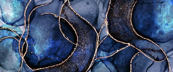 Blue abstract fluid backgroud With gold paths, alcohol ink art texture with golden elements, blue glass layers - 434415539