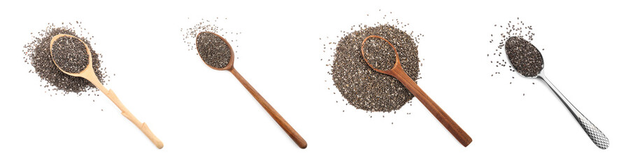 Set with chia seeds on white background, top view. Banner design