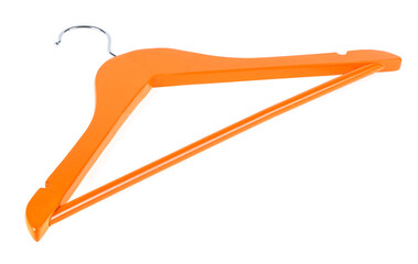 Wooden clothes hanger isolated on a white background. Orange color.