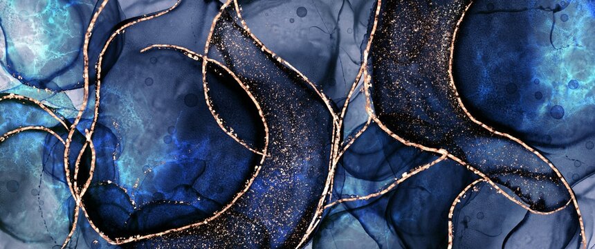 Blue abstract fluid backgroud With gold paths, alcohol ink art texture with golden elements, blue glass layers