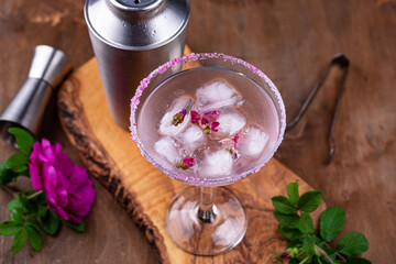 Pink cocktail Margarita with rose syrup