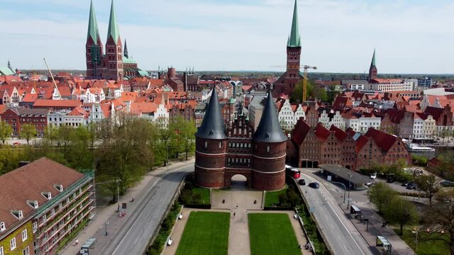 Famous Holstentor in the city of Lubeck Germany - aerial photography