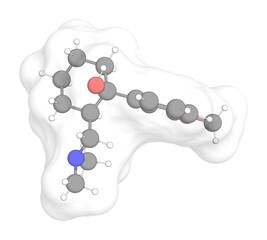 3D rendering of Tramadol with white transparent surface on a white opaque background. Also called (+)-tramadol and cis-tramadol.