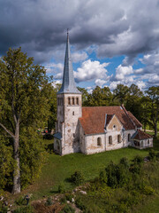 Fototapeta na wymiar Aerial view of Kabile village lutheran church, Latvia.