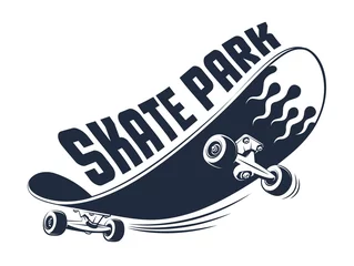 Fotobehang Funny skateboard. Skate park vintage logo. Skateboarding retro emblem. Vector illustration. © Agor2012