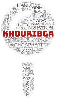 Khouribga and related concepts illustrated in a wordcloud shape like a map-pin over a white opaque background.