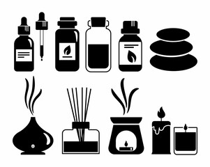 Aromatherapy black outline icon set with essential oils for spa and massage. Bottles with natural aroma oils, herbs, diffuser, candle for wellness and beauty Homeopathy and ayurveda therapy.