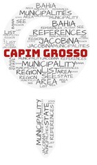 Fototapeta na wymiar Capim grosso and related concepts illustrated in a wordcloud shape like a map-pin over a white opaque background.
