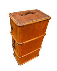 Large wooden luggage vintage train suitcases on white isolated.The big old orange travel suitcase.