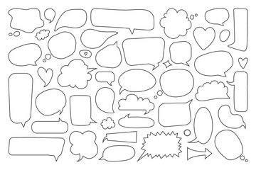 Speech bubble. Empty comic thinking and talking balloons. Hand drawn doodle text bubbles. Cute blank cartoon dialogue balloon vector set. Frames and borders of different shape for communication
