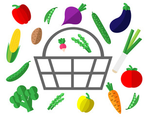 Vector flat vegetables. Basket. Carrots, broccoli, leeks, peas, tomato, pepper, asparagus, corn, potatoes. Set of vegetables. Vector flat illustration.