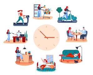 Woman routine. Eating breakfast, going to work, working out, having romantic dinner. Young girl daily activities vector illustration. Time schedule, female character lifestyle, daily life