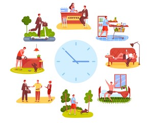 Naklejka premium Man routine. Shopping groceries, working at office, going on walk with dog. Active young guy everyday life schedule vector illustration. Morning, afternoon, evening male activities