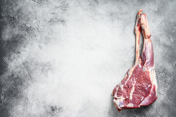 Raw lamb leg. Fresh organic meat. White background. Top view.  Copy space