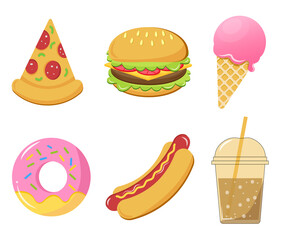 Fast food icons set isolated on white background vector illustration. Cartoon style.  Pizza slice, burger, ice-cream, donut, hot dog, drink vector illustration, flat style.
