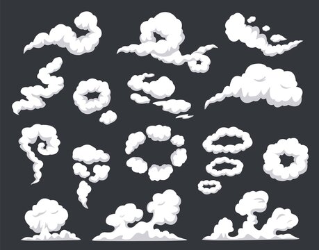 Comic smoke. Swirling clouds, puff of wind, steam, smog, dust, fog. Smoking vapors, fire smokes explosion blast cloud effect cartoon vector set. Fume trails, cigarette rings and swirls