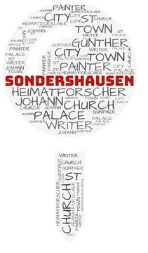 Sondershausen and related concepts illustrated in a wordcloud shape like a map-pin over a white opaque background.
