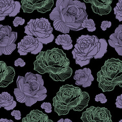 Seamless floral hand drawn detailed pattern, bouquet of flowers. Beautiful vector illustration texture with roses on dark background. Rose print