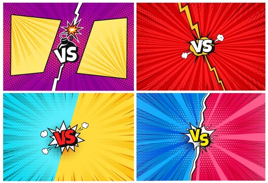 Versus. Cartoon comic vs challenge backgrounds with lightning, halftone texture. Comics pop art style fight or competition background vector set. Superhero battle intro for game, book