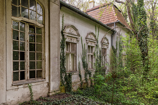 Becej, Serbia - May 01, 2021: The summer house of the noble family Gombos left to the ravages of time. It was built at the beginning of the 20th century