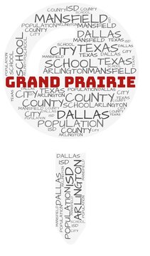 Grand prairie and related concepts illustrated in a wordcloud shape like a map-pin over a white opaque background.
