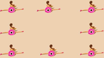 Frame made of gymnast girl in a beautiful flower costume sits in side split on a beige background with copy space.  Creative fitness concept.