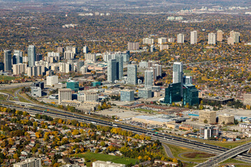 An aeial view at highways 401 and 404 showing Consumers Road commercial area.