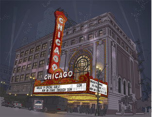 Obraz premium Digital painting over hand sketched pen and ink drawing of Chicago theater