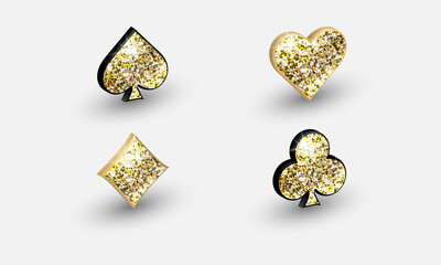Suit of playing cards with golden glitter isolated on white background. 3d symbols for poster, flyer or banner design. Vector illustration