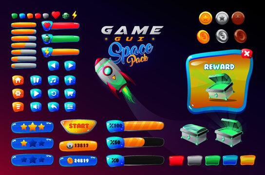 The Mega Space Pack mobile GUI, UI interface kit for Space theme fantasy games. Buttons, icons, screens examples, coloful modern elements, ideas etc. Easy use for 2D and mobile games.