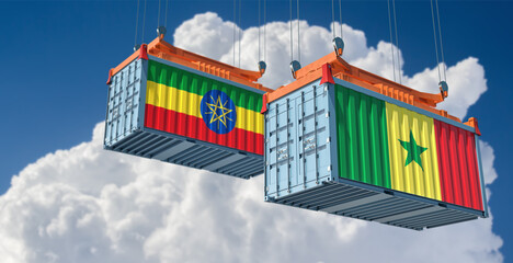 Two freight container with Ethiopia and Senegal flag. 3D Rendering