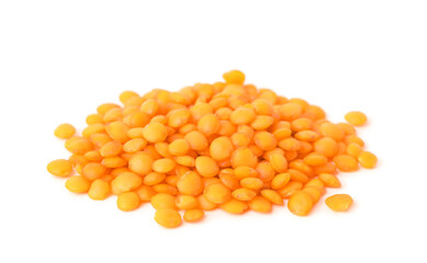 Pile of raw lentils on white background. Vegetable planting