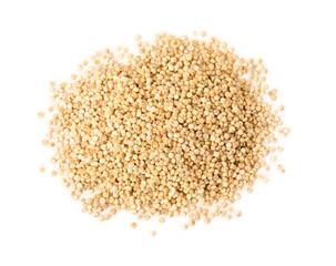 Pile of raw quinoa seeds on white background, top view. Vegetable planting