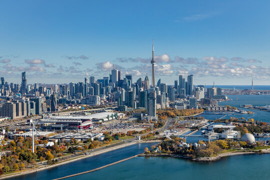 An Aerial view of the Toronto city skyline from the west showing Ontario Place and Exhibition Place