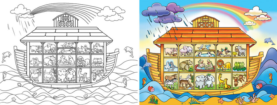 Noah Ark and animals. Pairs of beasts. Rescue from flood. Big ancient ship from bible. Biblical Ark. color and outlined for coloring page.