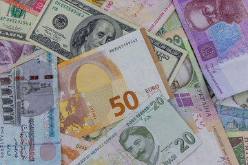 Multicurrency background of US dollars, euros, Turkish liras, Egyptian pounds and Ukrainian hryvnias