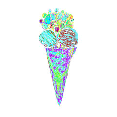 Hand drawn Ice cream waffle cones drawn by pencil texture in kids drawing style in pastel tones. Handmade manual graphic design element for kids greeting card, textile, chancellery, package.