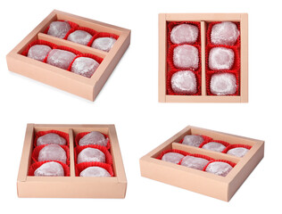 Set with with delicious mochi on white background