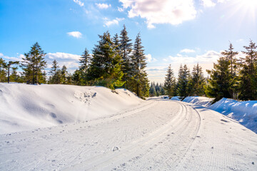 Cross country skiing track on sunny winter day. Freezy snowy landscape of Jizera Mountains, Czech Republic