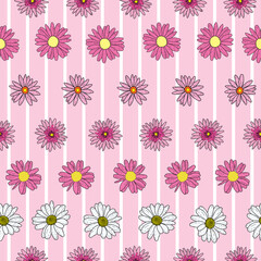 Vector sweet baby pink background pink daisy flowers and wild flowers. Seamless pattern background