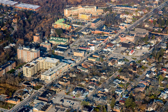An aerial view of historic Markham Main Street from the south east.