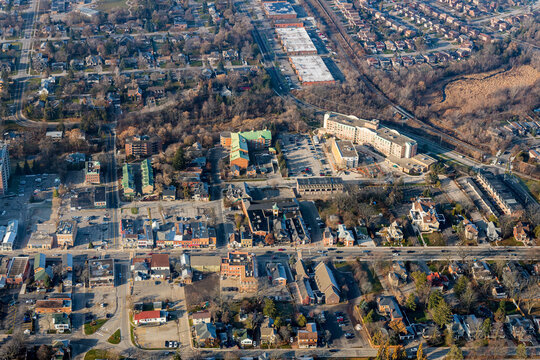An aerial view of historic Markham Main Street from the east.