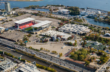 Aerial view of Exhibition Place and Ontario Place.