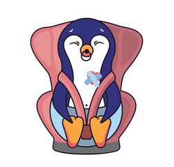 The cute penguin is a baby in a child car seat. Funny character for children with heart disease.