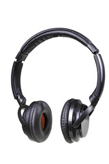 Fototapeta na wymiar Black plastic headphones for listening to music. Accessories for fans of rock and classical music.