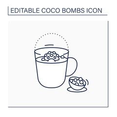 Coco bomb line icon. Delicious dessert. Cute ball of chocolate with marshmallows filling. Melted inside hot milk. Chocolate sweet.Isolated vector illustration.Editable stroke